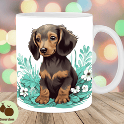 dachshund mug wrap, 11oz and 15oz mug template, mug sublimation design, flowers mug wrap template, instant digital downl