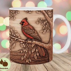 engraved wood red cardinal bird mug wrap, 11oz 15oz mug template, mug sublimation design, mug wrap template, instant di