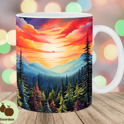 mountain forest landscape mug wrap, 11oz 15oz mug template, mug sublimation design, colorful sunset mug wrap, instant d