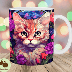 stained glass kitten mug wrap, 11oz  15oz mug template, mug sublimation design, flowers mug wrap template, instant digit