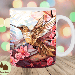 stained glass hummingbird mug wrap, 11oz  15oz mug template, mug sublimation design, flower mug wrap template, instant d