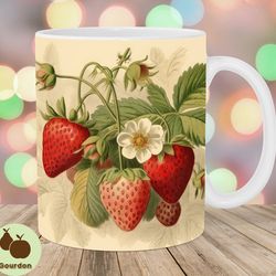 vintage strawberry mug wrap, 11oz and 15oz mug template, mug sublimation design, botanical mug wrap template, instant di