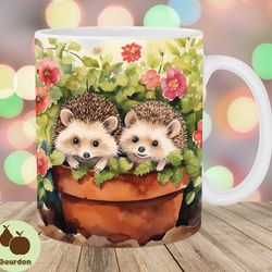 watercolor baby hedgehogs mug wrap, 11oz 15oz mug template, mug sublimation design, flower mug wrap template, instant d