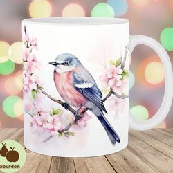 watercolor bird mug wrap, 11oz 15oz mug template, mug sublimation design, cherry blossom mug wrap template, instant dig