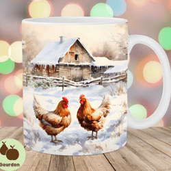 watercolor chicken mug wrap, 11oz 15oz mug template, red barn mug sublimation design, snow mug wrap template, instant d