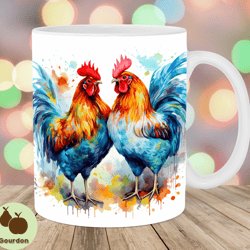 watercolor colorful roosters mug wrap, 11oz 15oz mug template, mug sublimation design, mug wrap template, instant digit
