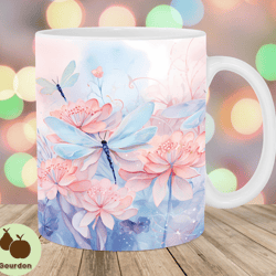 watercolor dragonflies mug wrap, 11oz 15oz mug template, mug sublimation design, flower mug wrap template, instant digi