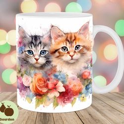 watercolor flower kittens mug wrap, 11oz and 15oz mug template, mug sublimation design, mug wrap template, instant digit