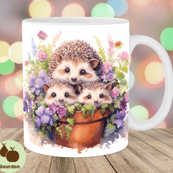 watercolor hedgehogs mug wrap, 11oz and 15oz mug template, mug sublimation design, flowers mug wrap template, instant di