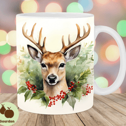 Watercolor Reindeer Mug Wrap, 11oz And 15oz Mug Template, Mug Sublimation Design, Christmas Mug Wrap Template, Instant D