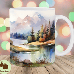 watercolor river landscape mug wrap, 11oz 15oz mug template, mug sublimation design, mug wrap template, instant digital