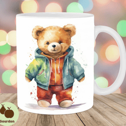 watercolor teddy bear mug wrap, 11oz 15oz mug template, mug sublimation design, mug wrap template, instant digital down