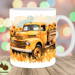 watercolor truck sunflowers mug wrap, 11oz 15oz mug template, mug sublimation design, mug wrap template, instant digita