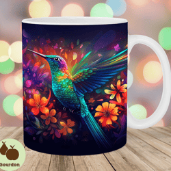neon colorful hummingbird mug wrap, 11oz 15oz mug template, mug sublimation design, flower mug wrap template, instant d