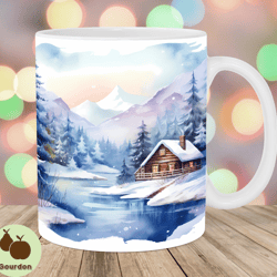 watercolor winter landscape mug wrap, 11oz and 15oz mug template, mug sublimation design, mug wrap template, instant dig