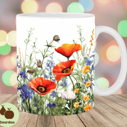 wild flowers mug wrap, 11oz 15oz mug template, mug sublimation design, poppies mug wrap template, instant digital downl