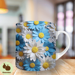 3d blue white daisies flowers mug wrap, 11oz and 15oz mug template, mug sublimation design, mug wrap template, instant d