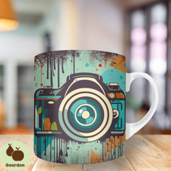 3d camera dripping colorful mug wrap, 11oz and 15oz mug template, mug sublimation design, mug wrap template, instant dig
