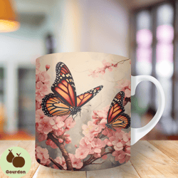3d cherry blossom butterflies mug wrap, 11oz and 15oz mug template, mug sublimation design, mug wrap template, instant d