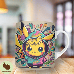3d colorful anime pikachu mug wrap, 11oz and 15oz mug template, mug sublimation design, mug wrap template, instant digit
