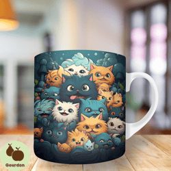 3d colorful kitten cartoon mug wrap, 11oz and 15oz mug template, mug sublimation design, mug wrap template, instant digi