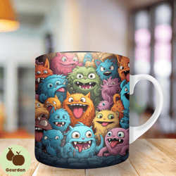 3d colorful kitten monster mug wrap, 11oz and 15oz mug template, mug sublimation design, mug wrap template, instant digi