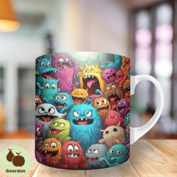 3d colorful monster kitten mug wrap, 11oz and 15oz mug template, mug sublimation design, mug wrap template, instant digi