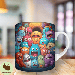 3d colorful monster funny cute mug wrap, 11oz and 15oz mug template, mug sublimation design, mug wrap template, instant
