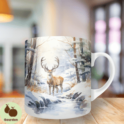 3d deer watercolor forest landscape mug png, 11oz and 15oz mug template, mug sublimation design, mug wrap template, inst