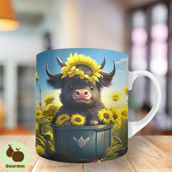 3d highland cow sunflowers mug wrap, 11oz and 15oz mug template, mug sublimation design, mug wrap template, instant dig