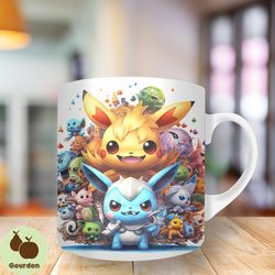 3d pikachu anime characters mug wrap, 11oz and 15oz mug template, mug sublimation design, mug wrap template, instant dig