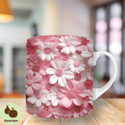 3d pink white daisies flowers mug wrap, 11oz and 15oz mug template, mug sublimation design, mug wrap template, instant d
