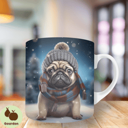 3d pug puppy winter snowflake mug wrap, 11oz and 15oz mug template, mug sublimation design, mug wrap template, instant d