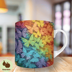 3d rainbow colorful butterfly mug wrap, 11oz and 15oz mug template, mug sublimation design, mug wrap template, instant d