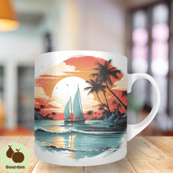 3d sail boat ocean island tree mug wrap, 11oz and 15oz mug template, mug sublimation design, mug wrap template, instant