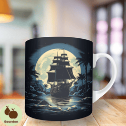 3d ship sail boat ocean moon mug wrap, 11oz and 15oz mug template, mug sublimation design, mug wrap template, instant di