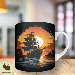 3d ship sail boat ocean sun mug wrap, 11oz and 15oz mug template, mug sublimation design, mug wrap template, instant dig