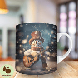 3d snowman with guitar winter mug wrap, 11oz and 15oz mug template, mug sublimation design, mug wrap template, instant d