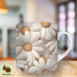 3d white daisies flowers mug wrap, 11oz and 15oz mug template, mug sublimation design, mug wrap template, instant digita