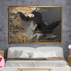 stone woman canvas print, woman with black hat wall art, fashion art, 3d style, wall art canvas design, framed ready to