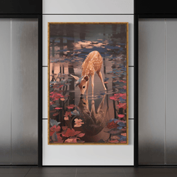 baby deer canvas print art, baby deer drinking water canvas painting, deer in natural habitat with canvas prints, souven