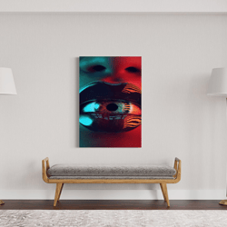 eye inside woman lip canvas print art, green eye red lipstick ready to hang on wall canvas print art, home decor
