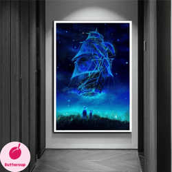 ghost ship canvas wall art , full moon canvas wall decor , ship canvas print , office decor , modern home decor , wall d