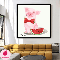 pink pig eating watermelon canvas print art, cute pig canvas print decor, cute pig with bow tie canvas print home decor,