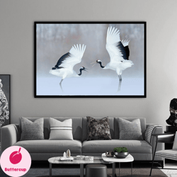 white couple bird canvas painting art, white birds canvas home decor, storks office decor canvas painting, flapping bird
