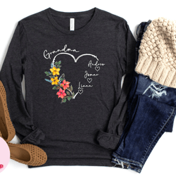 custom grandma sweatshirt, grandma floral heart sweathirt, nana shirt with grandkids name sweater, gift for grandma tee,
