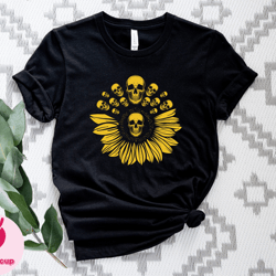 sunflower skulls shirt, halloween skull tshirt, skeleton head sunflower shirt, sunflower skull gift tee, funny halloween