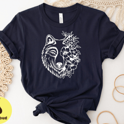 floral wolf shirt, flower wolf t shirt, wolf lover gift tee, wolf floral skull shirt, wild animal tee, wolfe moon shirt,