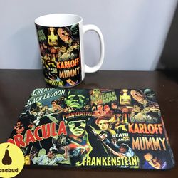 classic horror movie monsters mouse pad coffee mug set 15 oz dracula wolfman mummy