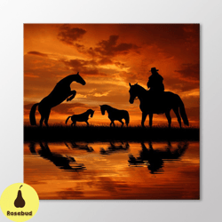 cowboy and horses canvas wall art, cowboy sunset art print, southwestern western farmhouse decor, modern eclectic poster